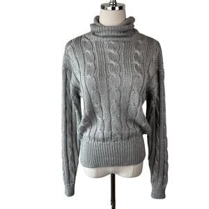 Vintage 90s Liz Claiborne Chunky Cable Knit Turtleneck Sweater Medium Silver
